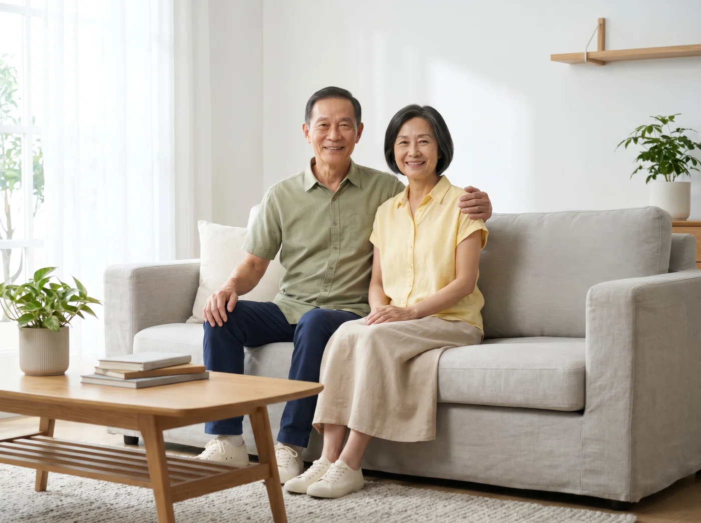 Retired couple relaxing together in a bright living room